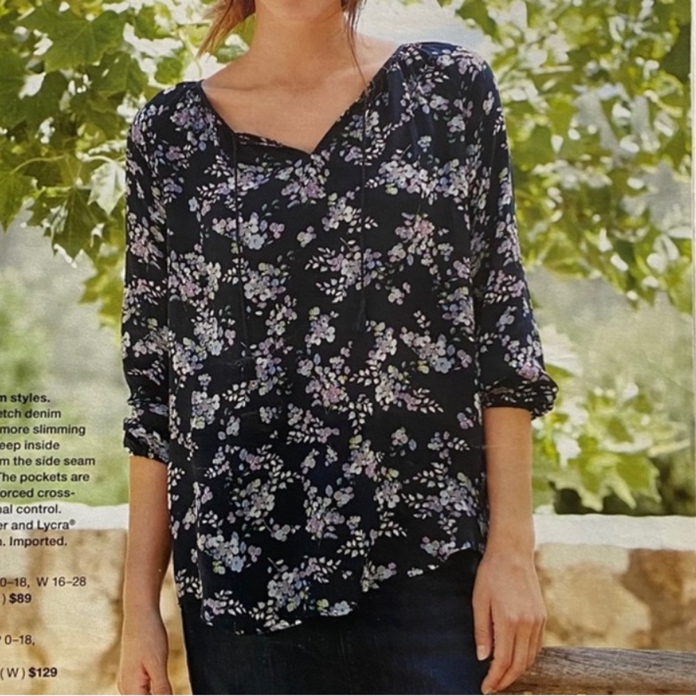 J. Jill Navy Floral V-Neck Blouse
